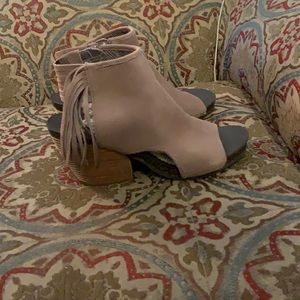 OTBT SUEDE OPEN TOE, FRINGED, and approx 3in heel
